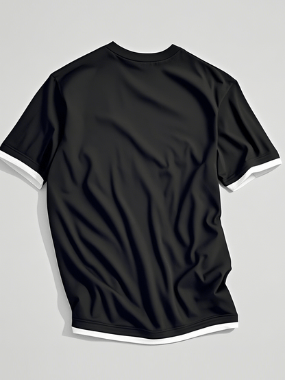 Men's Classic Summer Casual Short Sleeve T-Shirt - Black with White Trim, Round Neck, Stretch Fabric, Comfortable  Stylish for Casual Attire, Twiceiquest Fashion   Faux Twopiece   Smooth Texture