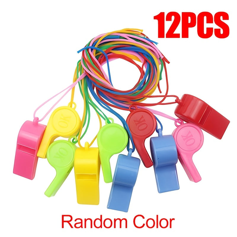 12pcs Colorful Plastic Whistles with Lanyards for Sports & Parties