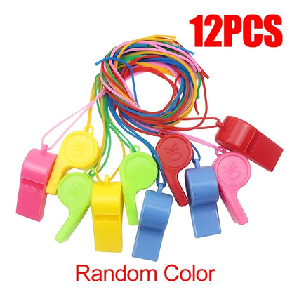 12pcs Colorful Plastic Whistles with Lanyards for Sports & Parties