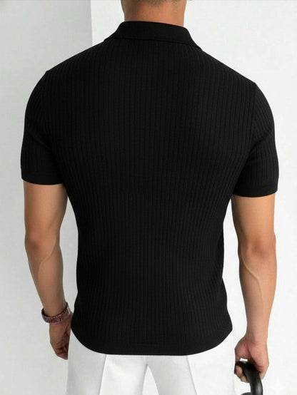 Men's Lapel Short-Sleeve Sweater - Rugged and Handsome Street Style Men's Ribbed Collar Short-Sleeve Top, Made of Breathable and Skin-friendly Special Material. Features a Slim-fit Micro-stretch Design for Unrestricted Moveme - ayq