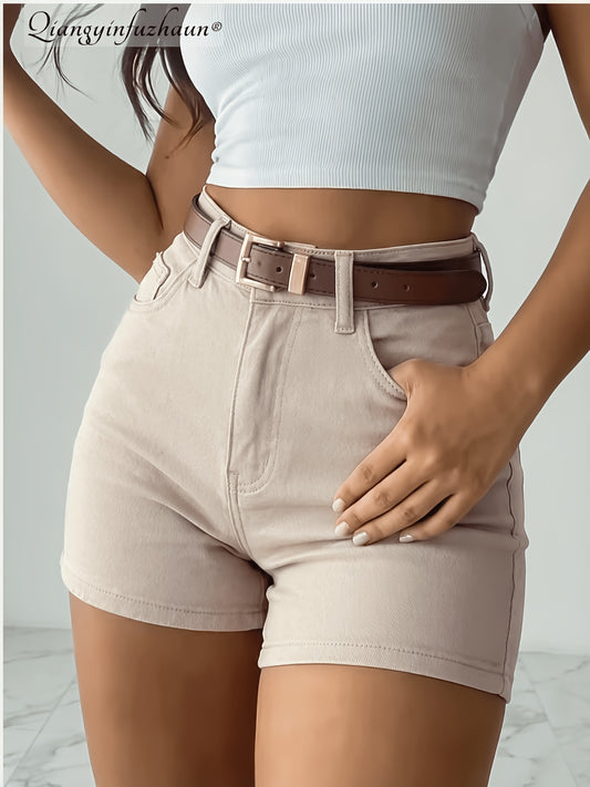 Women's Mid-Waist Stretch Khaki Denim Shorts for Summer