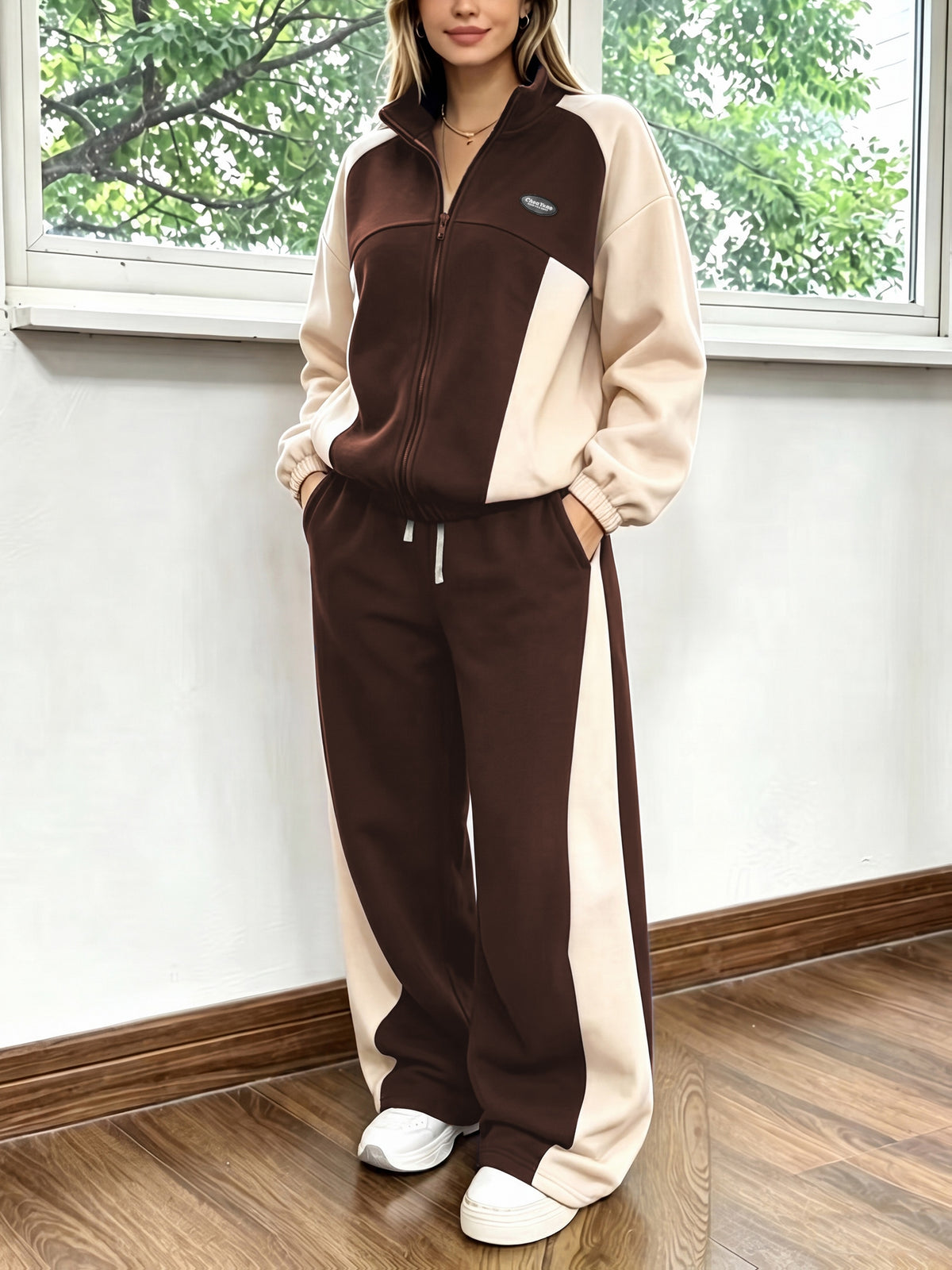 Casual Color Block Two-Piece Set with Loose Jacket & Wide-Leg Pants - ayq