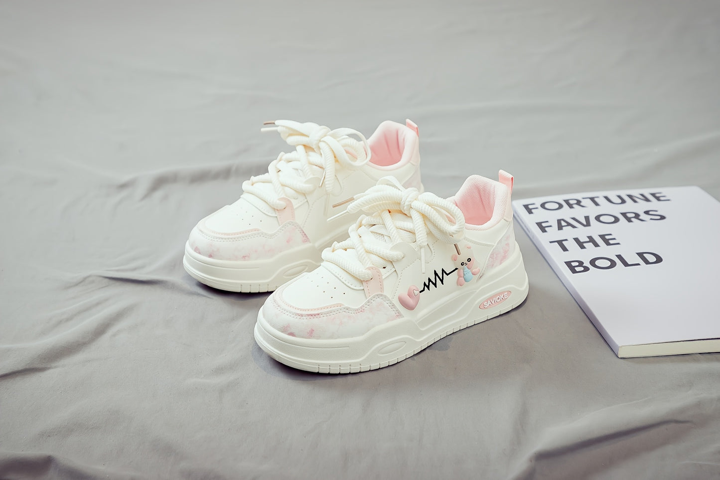 Women's White Mid-Top Sneakers with Bear  Heart Stripes Design - PU Cover  Upper, Thick Cushioned PVC Sole - Trendy Casual Shoes for All-Season Comfort