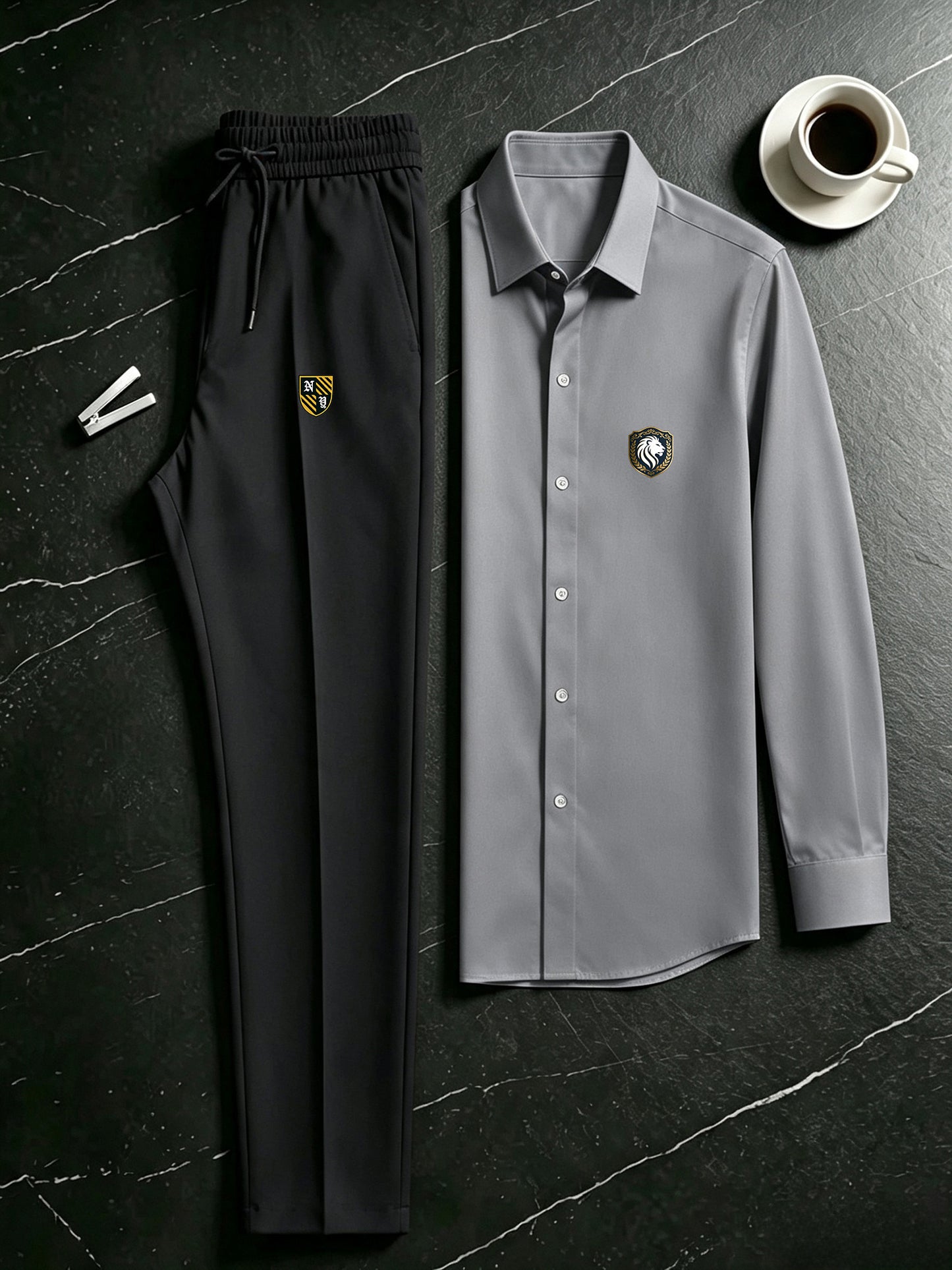 Men's Casual 2-Piece Campus Style Shirt & Drawstring Pants Set