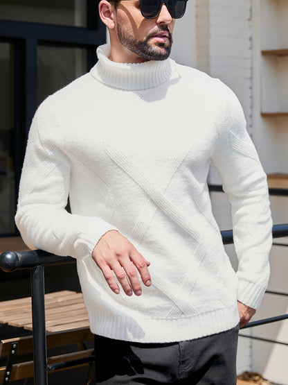Men's High Neck Solid Color Long Sleeve Textured Geometric Pattern Knit Sweater Regular Fit Pullover