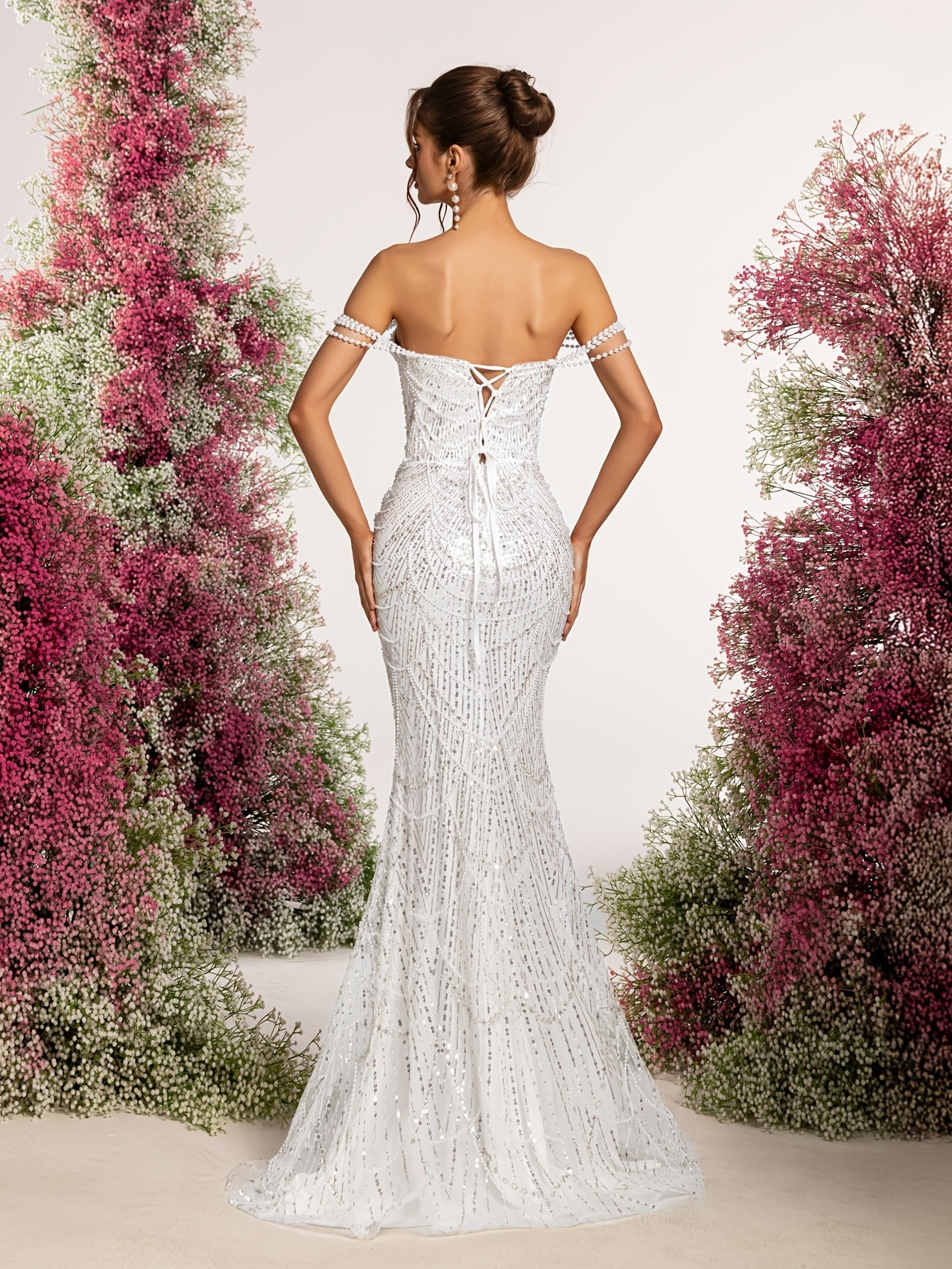 Women's White Beaded Strapless Mermaid Dress with Train