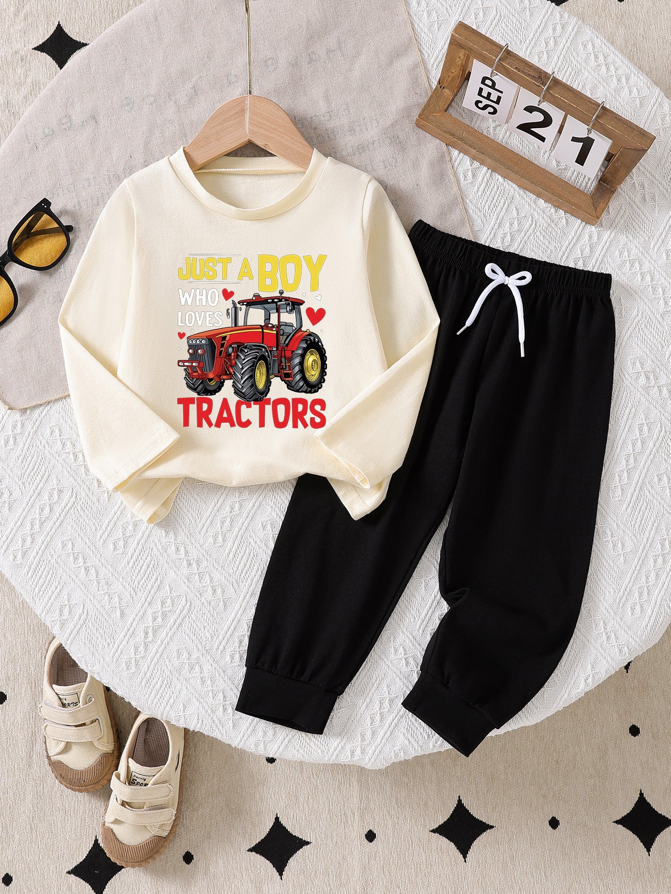 Boys' Cotton Tractor Print Casual Long Sleeve Tee & Pants Set