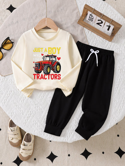 Boys' Cotton Tractor Print Casual Long Sleeve Tee & Pants Set