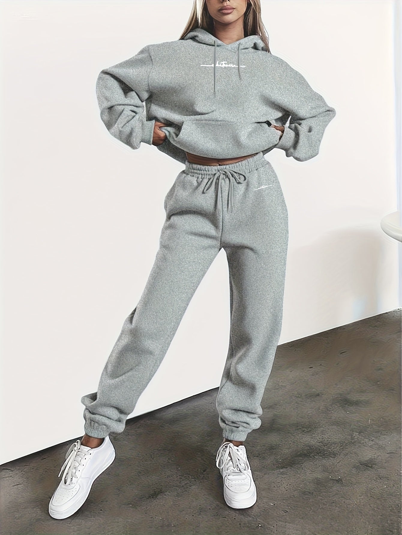 New Arrival Gray Print Women's Hooded Drawstring Sweatshirt and Pants Set, Autumn/Winter Warm Long-Sleeve Pullover with Hat, Machine-Washable Polyester, Versatile Outfit