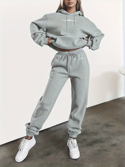 New Arrival Gray Print Women's Hooded Drawstring Sweatshirt and Pants Set, Autumn/Winter Warm Long-Sleeve Pullover with Hat, Machine-Washable Polyester, Versatile Outfit