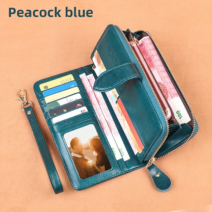 Two-Layer Cowhide Leather Clutch Wallet for Men & Women, Casual Large Capacity RFID Blocking Zippered Hand Purse with Transparent ID Slot and Anti-Theft Brush, Versatile for Going Out