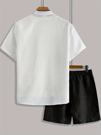 Men'S Casual Solid Color Two-Tone Suit with Stand Collar, Three-Color Imitation Linen, Exquisite Button, Double Short, Solid Color Set