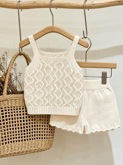 Baby Girl Cotton Knit Sleeveless Suspender Top & Shorts Set
