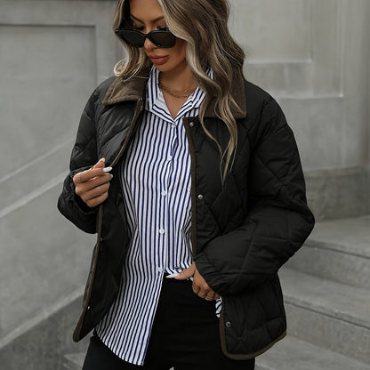 Rhombus Pattern Fashion Women's Top, Collar Spliced Single-Breasted Short Coat, Winter 2024 New Arrival, Contrast Trim, Petite-Friendly Jacket, Fashionable Warm Casual Outerwear, High-Reviewed