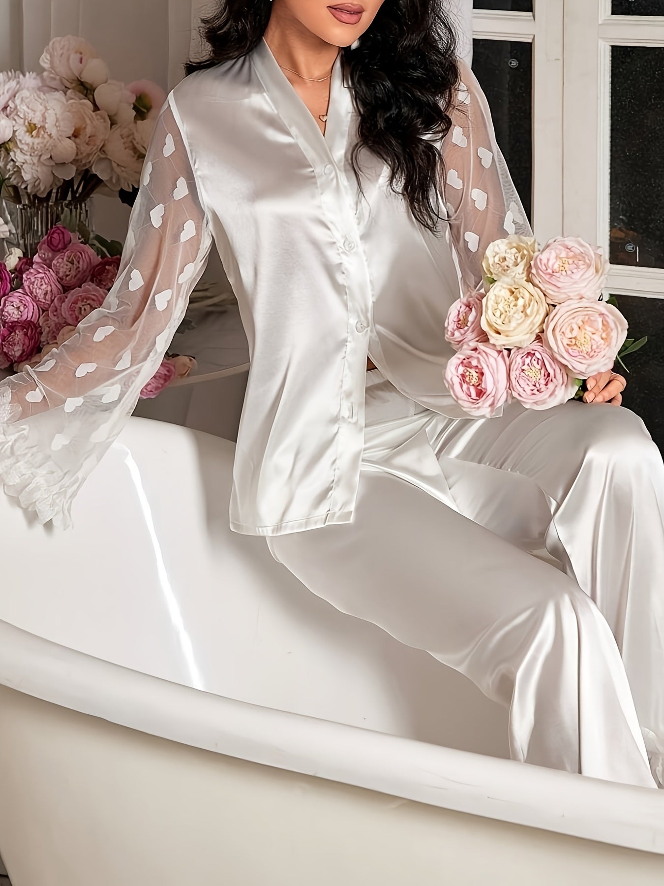 Women'S 3D Lace Heart Mesh Wooden Flower Cuff Long Sleeve Pajama Set with Ruffle Hem, Solid Color, All-Season Comfort, Long Length Pants, Spaghetti Strap Collar, Placket Closure