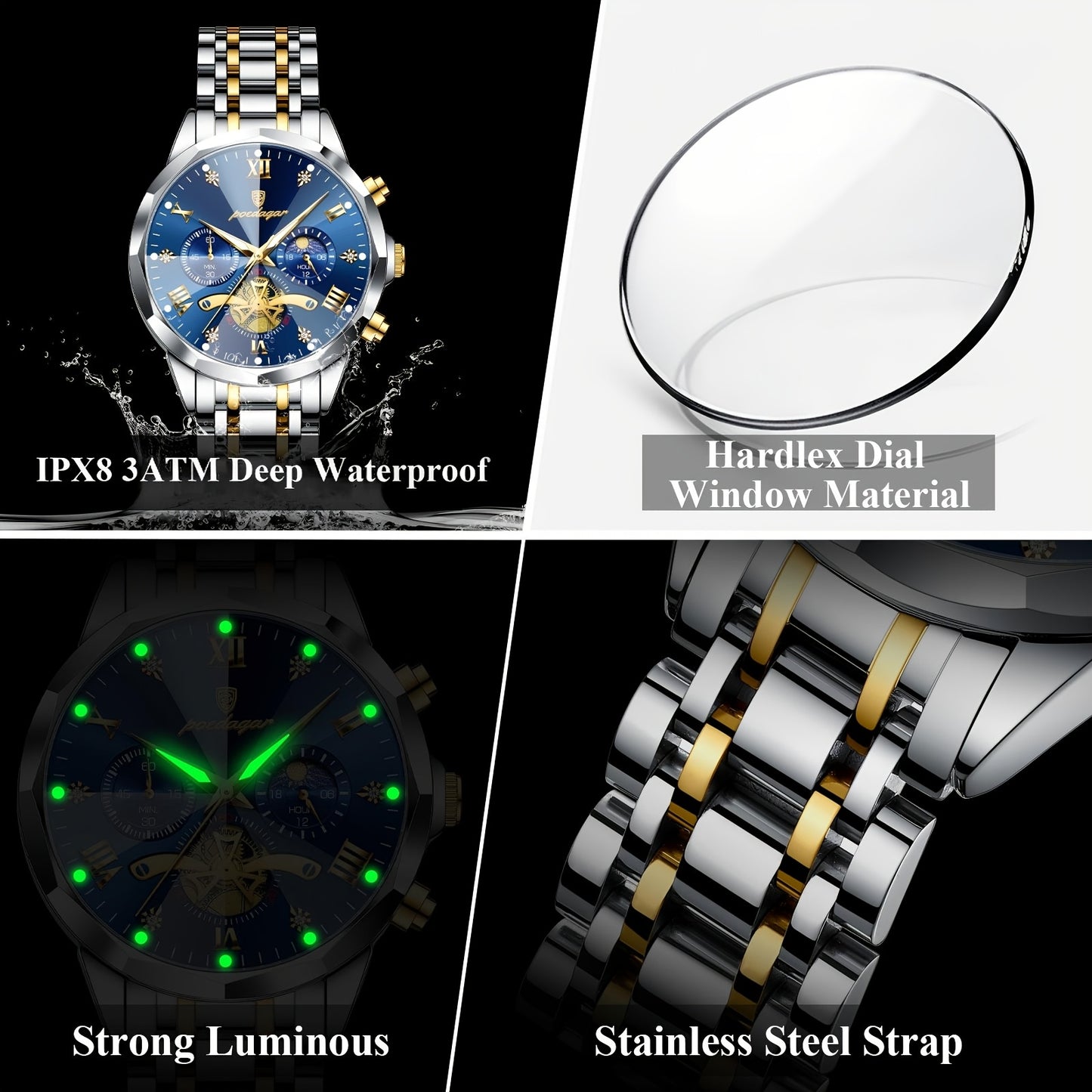 Men's Stainless Steel Business Watch with Luminous Chronograph