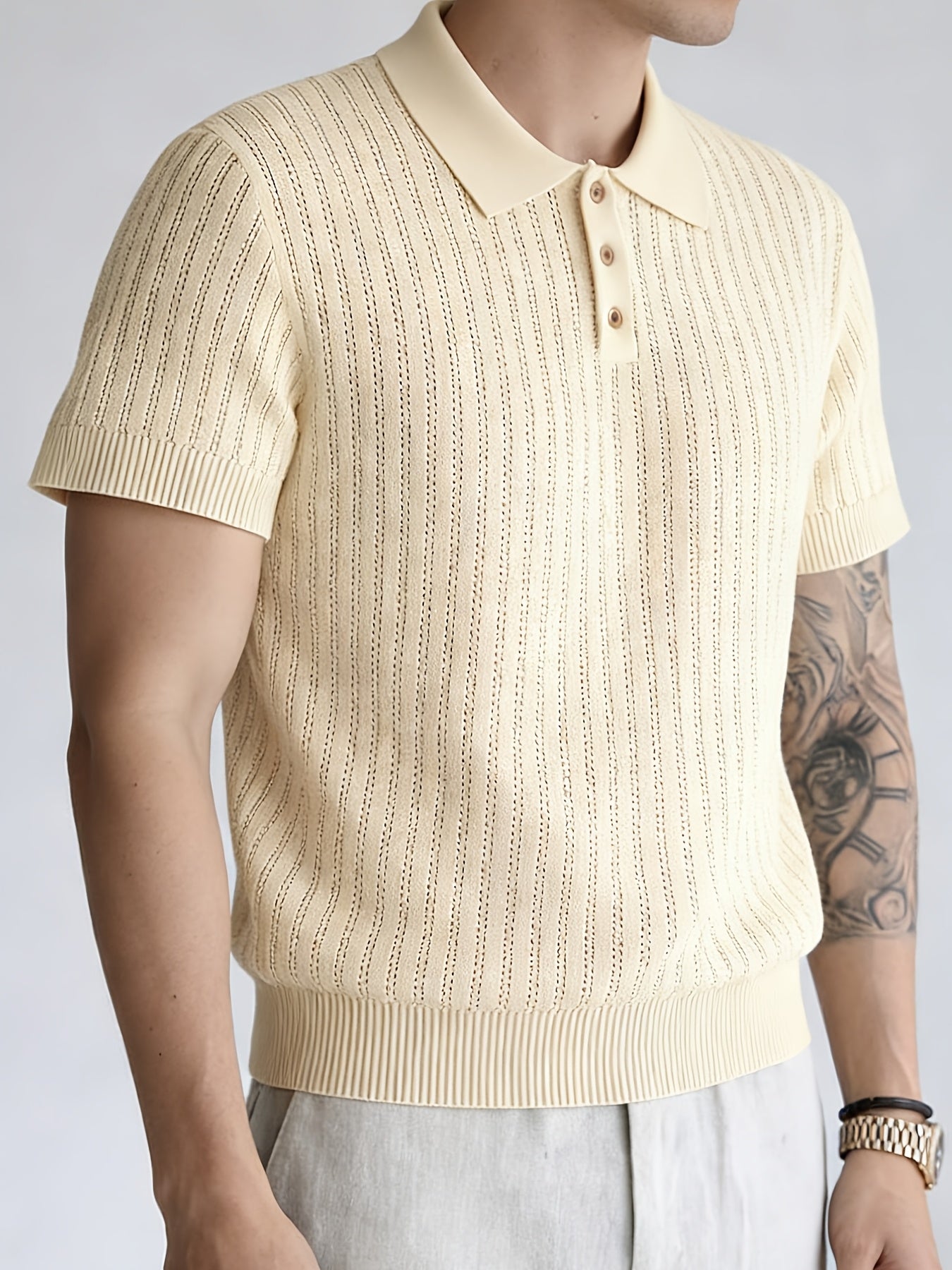 Men'S Summer Knitted Polo Shirt | Breathable Striped Design, Casual Lapel Collar, Short Sleeves, Three-Button Closure, Slim Fit, Ideal For Business Casual And Travel - ayq