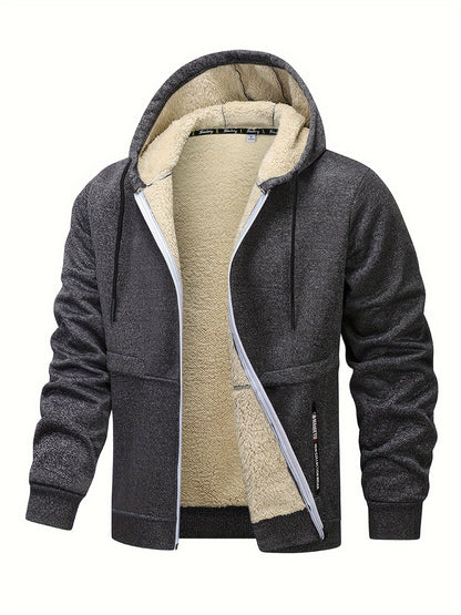 1pc Men'S Casual Style Hooded Jacket, Thick Fleece Lined, Warm