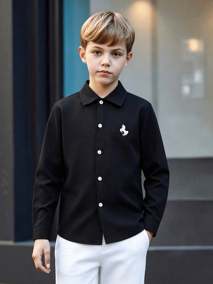 Boys' Long Sleeve Button-Up Shirt with Animal Print for Spring/Fall