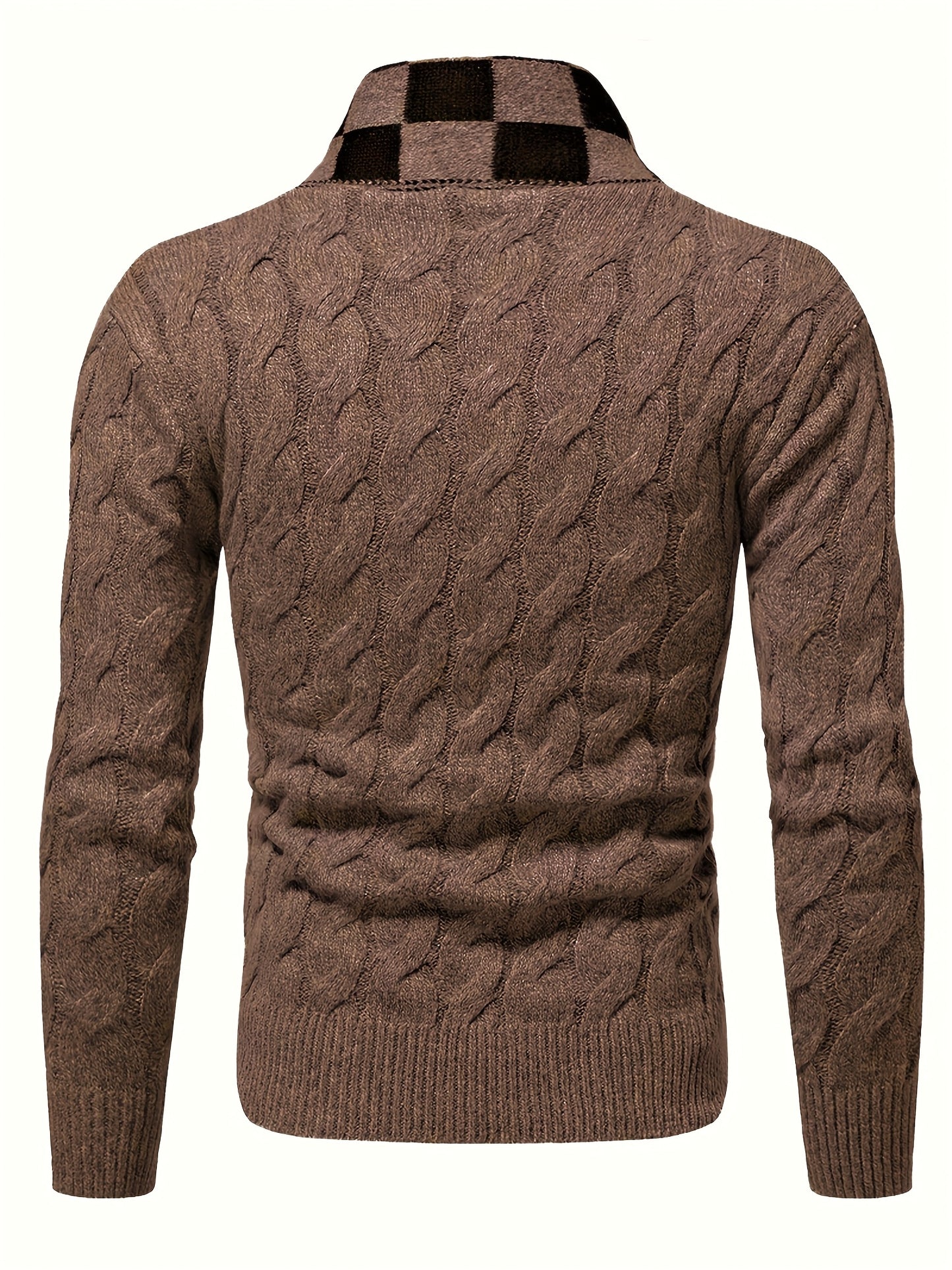 Maqiqiobm Slim Fit Men's Pullover Sweater - 1pc Autumn/Winter Thickened New Style, Comfortable Warm Solid Color Twist Knit Long Sleeve, Checkerboard Collar Design, Business Casual Daily Layering Knit Top, Suitable for Autumn