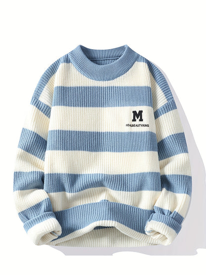 Men's 2025 Autumn/Winter Striped Sweater for Youth with Color Block Round Neck Casual Warm Knitwear