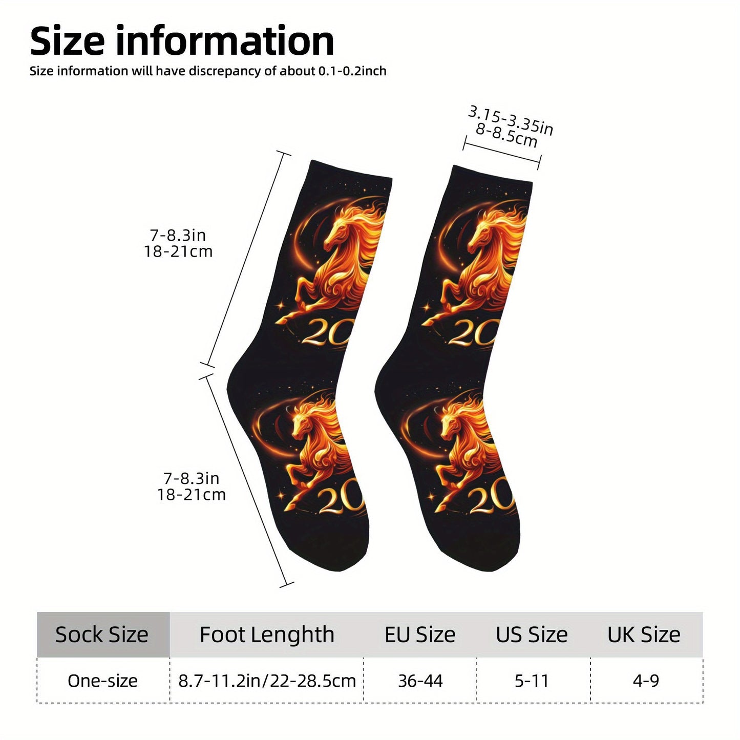1pc Designed Socks sporty styles 2026 Year of the Horse Creative mid-calf socks geometric designs 3D digital print socks, cute socks for teens and adults ideal for daily wear, perfect for gift giving!