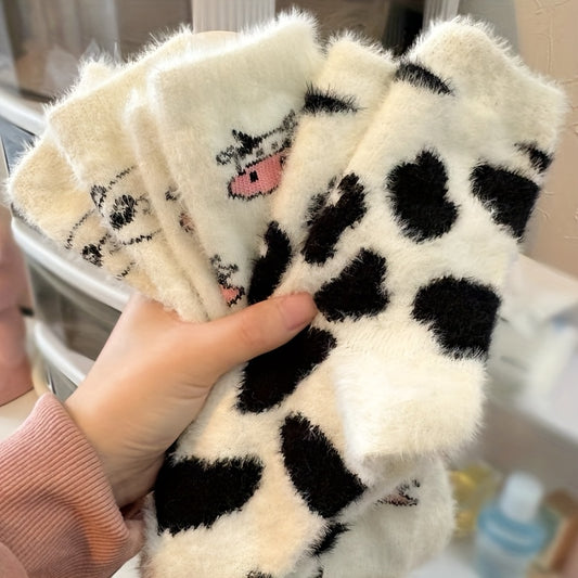 5 Pairs Milk Dot Fluffy Socks for s & - Thickened Warm Winter Socks with Cozy Furry Lining, Cute Cow/Chicken/Sheep/Beaver/Bear Patterns, Family Pack /Outdoor Use, Machine Washable Cold-Proof Footwear