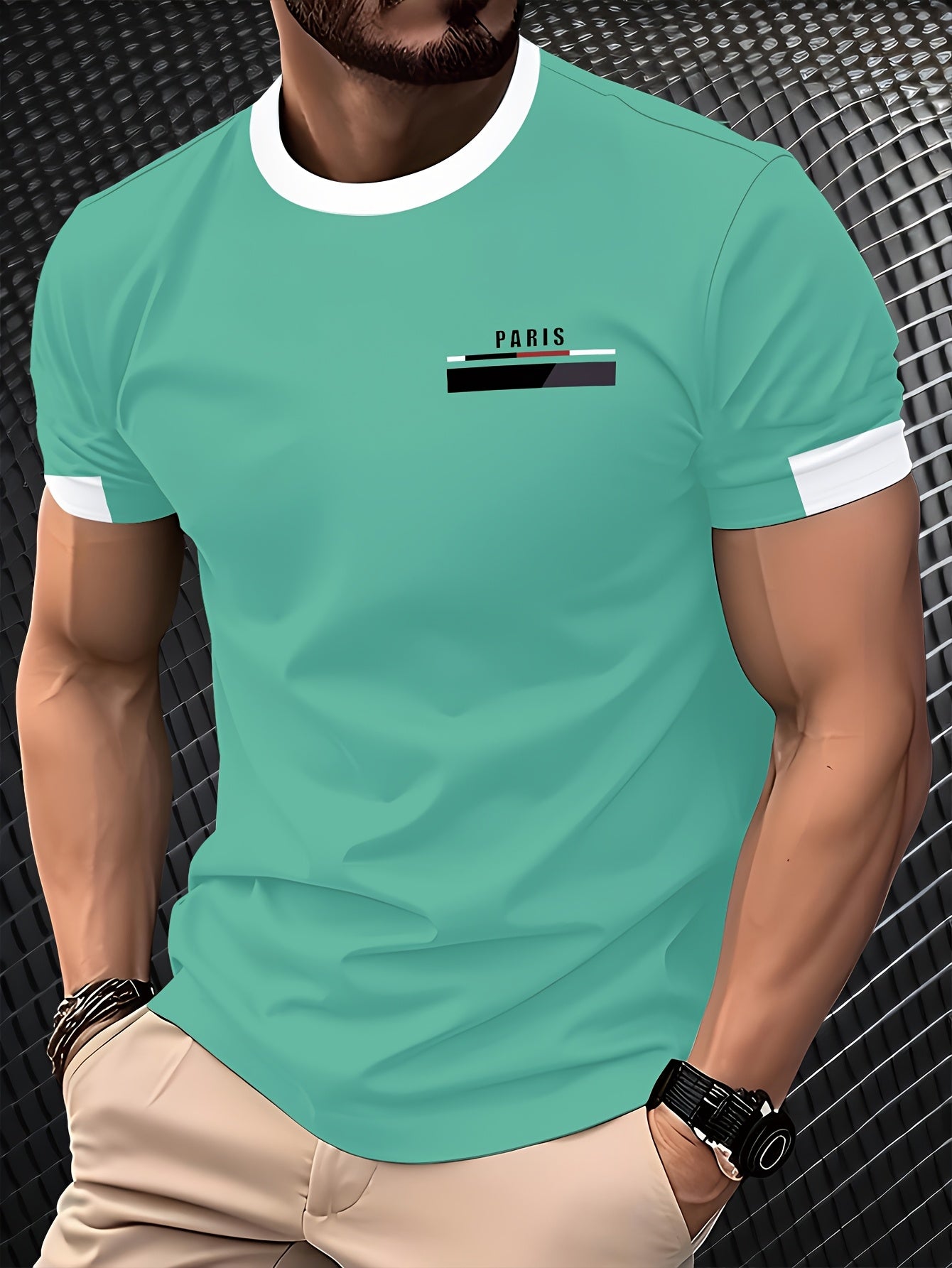 Men'S Paris Graphic T-Shirt - Green Polyester Crew Neck Tee with White Stripes  Print - Casual Sporty Knit Top for Casual Attire, Breathable Fabric