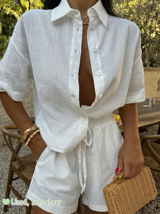 Women's Casual White 2-Piece Set: Short Sleeve Shirt & Shorts