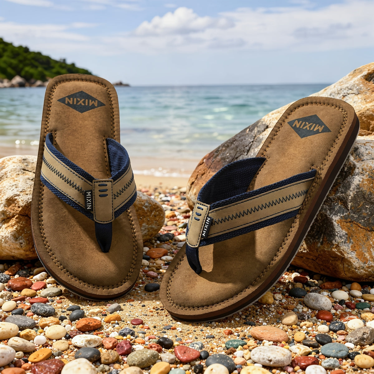 Men's Casual Flip-Flops with Woven PU Strap and EVA Sole
