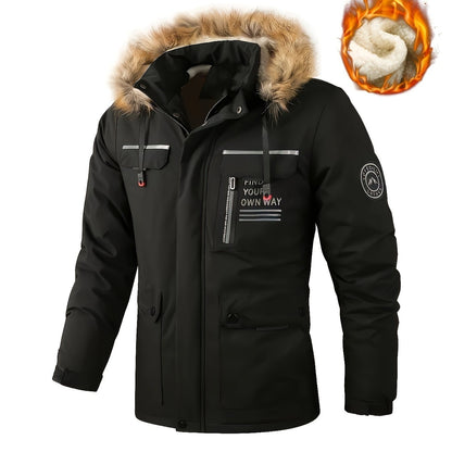 Men's Thermal Fleece-Lined Parka Jacket - Casual Outdoor Hooded Coat with Multiple Pockets, Detachable Bomber Style for Winter Adventures