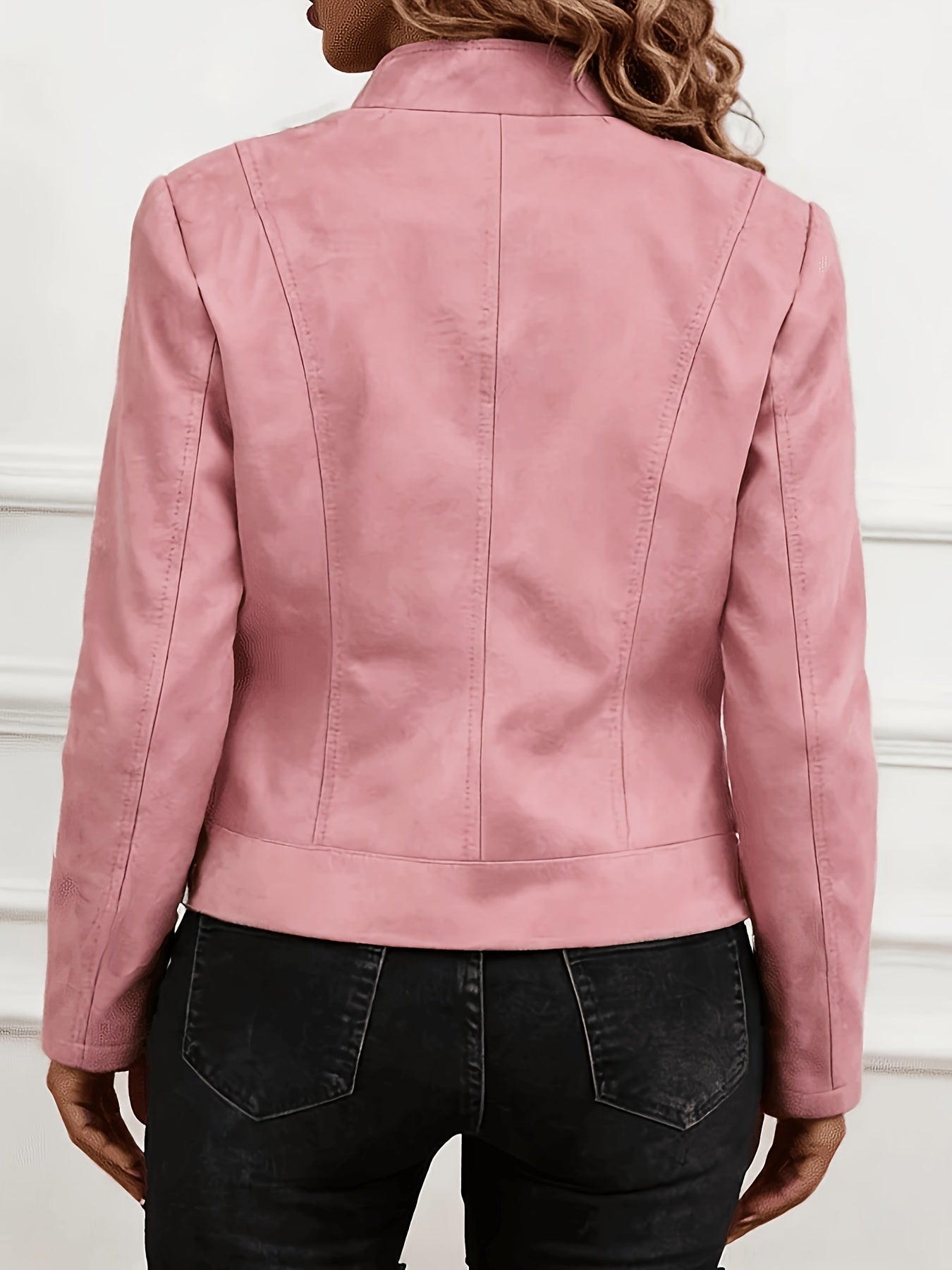 Plus Size Elegant Biker Jacket with Metallic Zipper for Spring/Fall