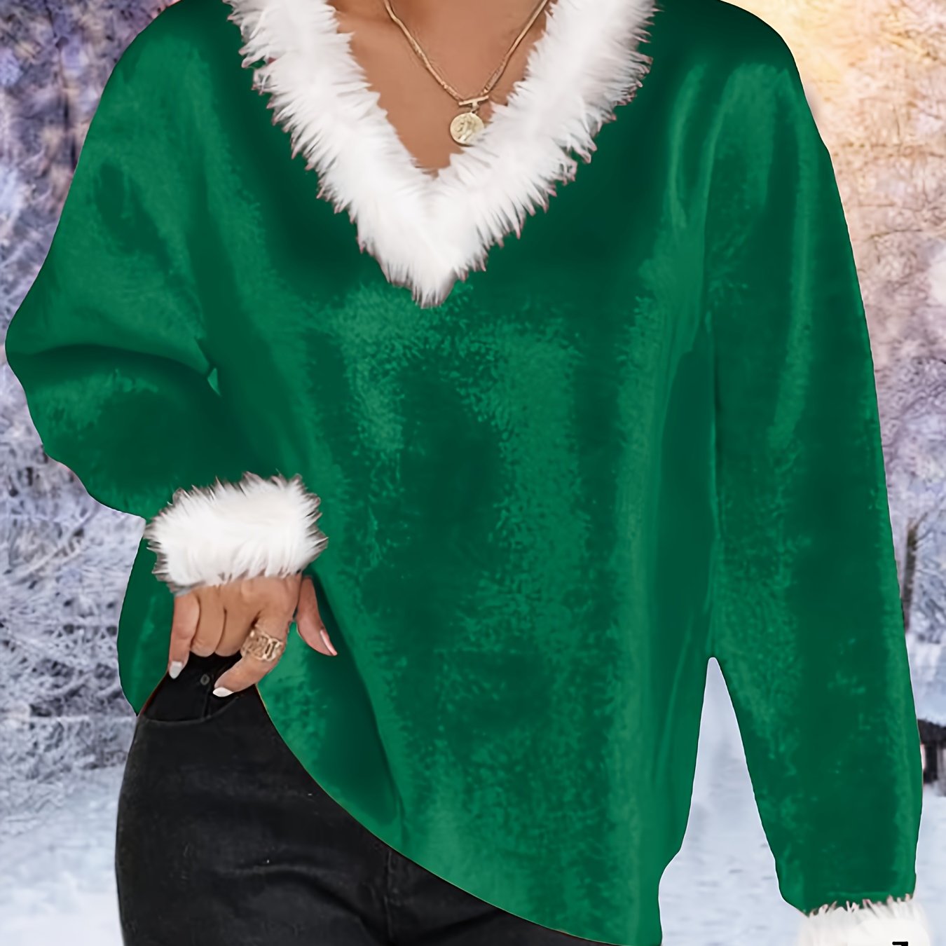 Plus Size - Plus Size - Plus Size, Women'S Elegant Plus Size Christmas Sweater - Long Sleeve Round Neck Winter Warmth with Collar Trim, Stretchy Fabric for Holiday Parties & Casual Attire, Red & Contrast Collar, Ladies Christ