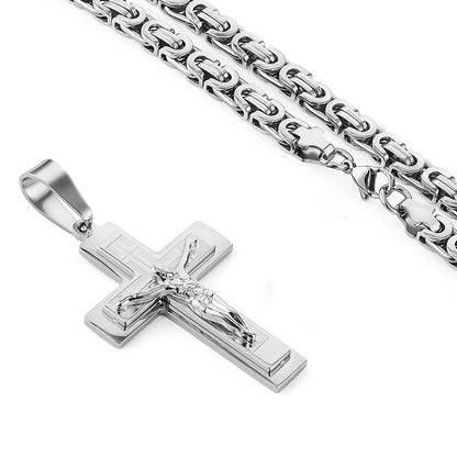 Men's Stainless Steel Fashion Pendant Three-Layer Cross with U-Shaped Handmade Flat Necklace in Steel Color