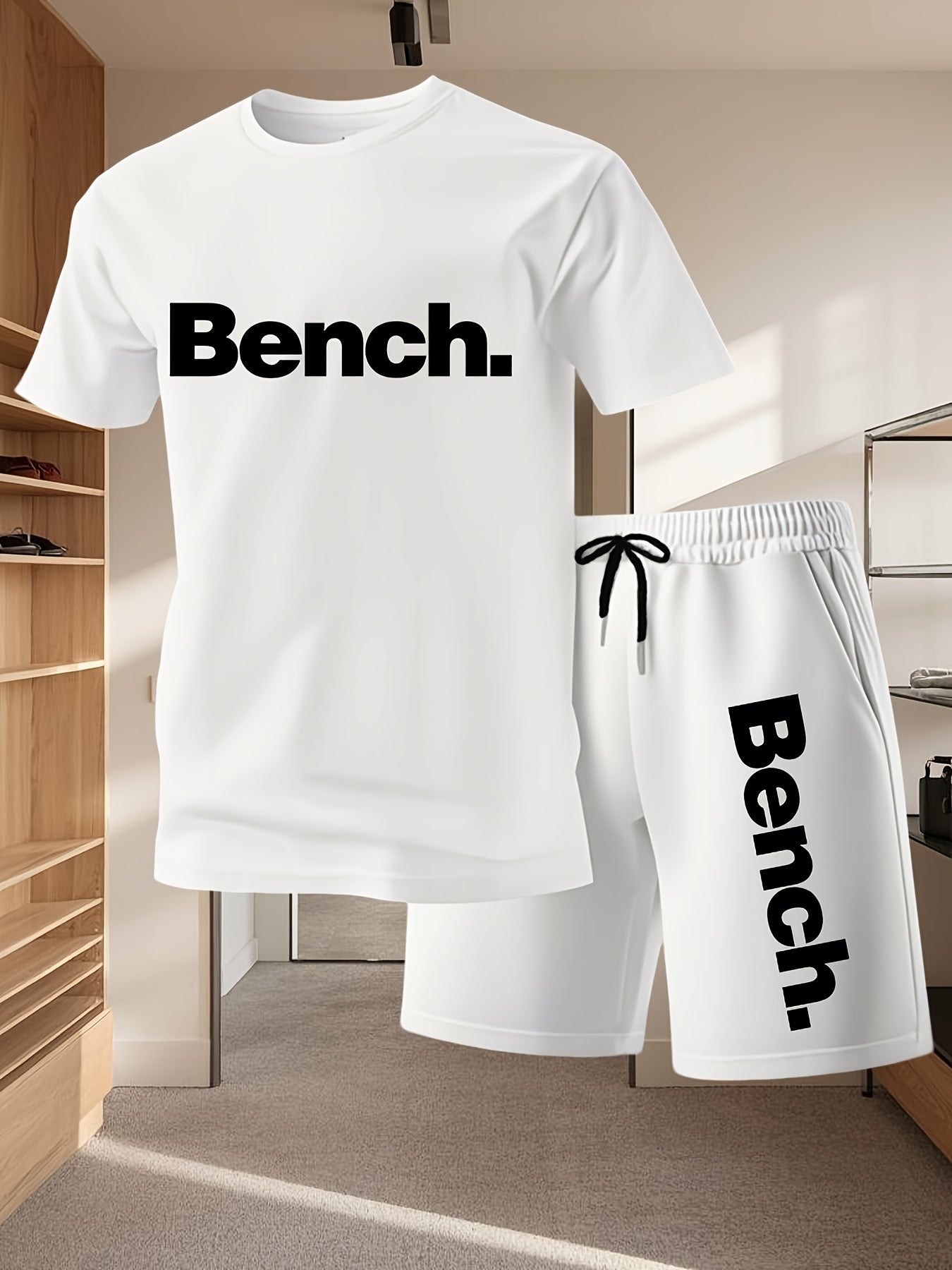 Summer Men'S Casual Sports Short Sleeve T-Shirt and Shorts Set, Comfortable Breathable, Suitable for Outdoor Jogging Running Fitness, Bench. Letter Print Design - 2pcs