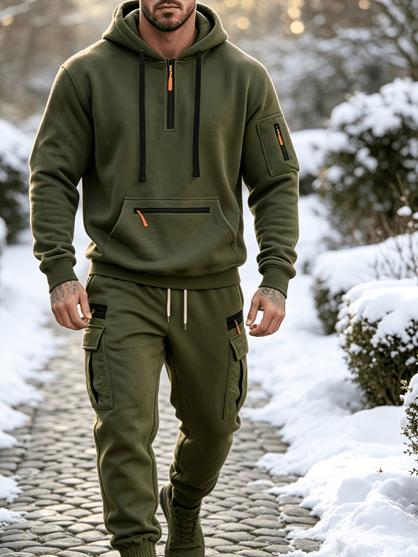 Men's Casual Hooded Tracksuit Set with Zipper Pockets