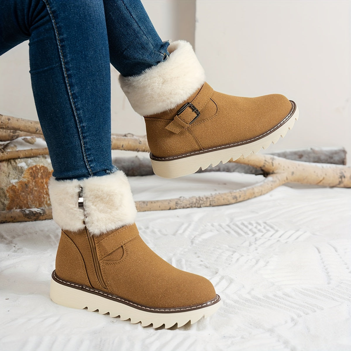 Women's Winter Snow Boots with Plush Faux Fur Collar & Buckle Closure - Round Toe TPR Sole Slip- Warm Ankle Boots, Soft Fabric Upper & Lining, Black/White/Beige/Coffee Brown - Casual & Formal Winter Footwear for Snow & Ice -