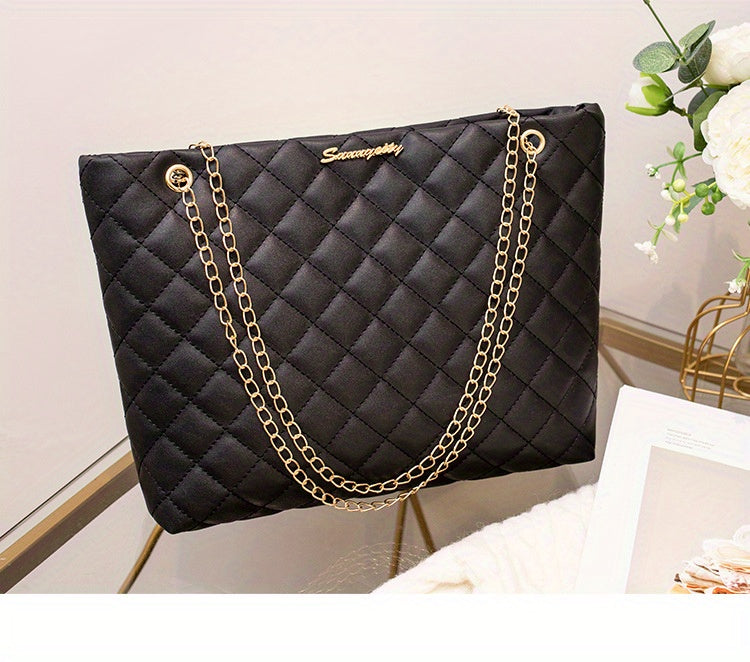 1pc Women's Large Capacity Bucket Bag - Chunky Chain Strap Shoulder Bag with Buckle Closure, Armpit/ Grid (Choose), Casual to Dressy Tote Suitable for Women