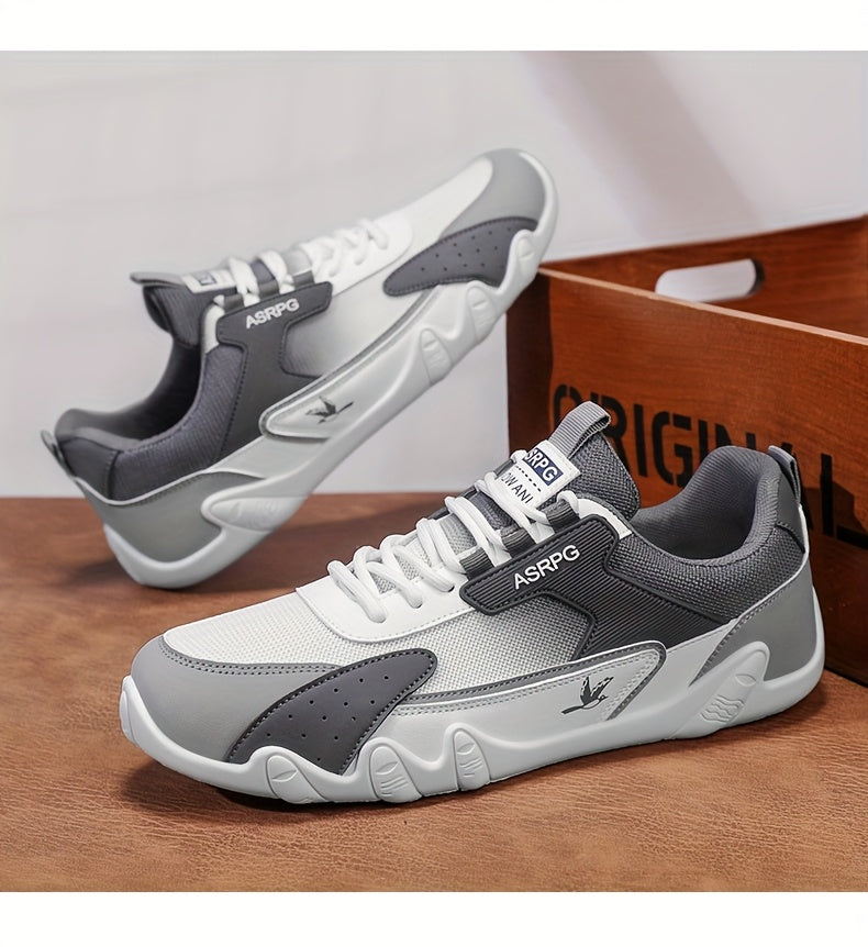 Men's Breathable Low-Top Casual Sneakers - Sporty Lace-Up Walking Shoes with Navy/White/Golden Accents, All-Season Outdoor  Everyday Comfort, Durable Fabric Upper  PVC Sole, Comfortable Footwear, Sleek Shoe Design, Lightwei