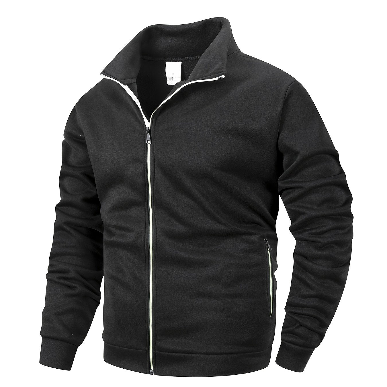 Men'S Stand Collar Zipper Jacket, Fashion Solid Color, Long Sleeve, Fleece, Soft, Casual, Polyester, with Zipper Pocket, for Daily, Sports, Fitness