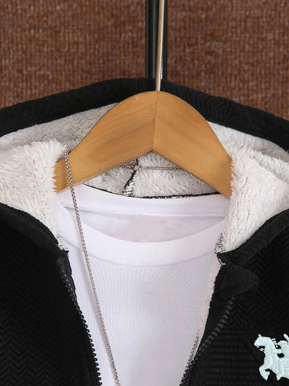 2pcs Boys' Casual Outfit Set, Long Sleeve Hooded Jacket with Embroidery and Zipper, Geometric Pattern Knit Pants, Polyester with Spandex Lining, Regular Fit for Autumn/Winter, for Outdoor