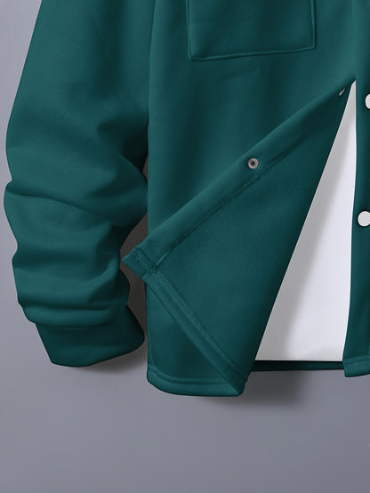 1set Men'S Casual Solid Color Polyester Outfit - Long Sleeve Button-Down Lapel Collar Jacket with Pockets and Drawstring Long Pants Set for Fall/Winter