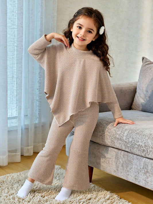 Girls' Fall/Winter Ribbed Pullover & Flared Pants Set - ayq