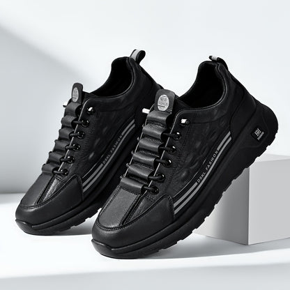 Men's Breathable Casual Sneakers - Comfortable, Versatile  Stylish Shoes for Running, Sports  Casual Attire, Black with White Accents, PU Upper  PVC Sole, Round Toe, Lace-Up Design, All-Season Use