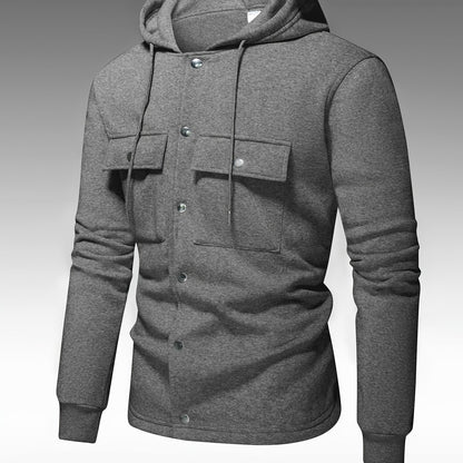 Men's Heavy-Duty Hooded Sweatshirt with Full-Zip Front & Utility Pockets - Olive Green Tactical-Style Outdoor Jacket, Long Sleeve Casual Pullover for Hiking, Camping, Casual Attire - Spring/Fall Layering Essential (Regular Fi