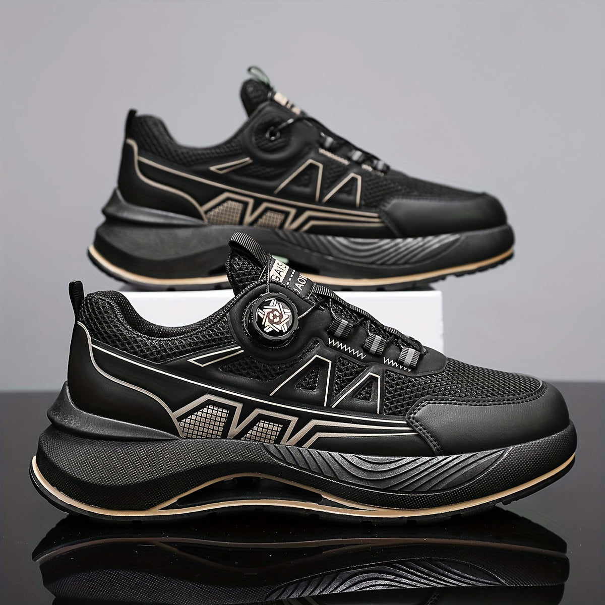 Men's 2025 New Casual Athletic Running Shoes - Thick-Sole Hiking  Basketball Sneakers with Breathable PU/Fabric Upper, Durable PVC Outsole, Beige/Black Colorway for Outdoor, Streetwear  Everyday Comfort, Round Toe Design