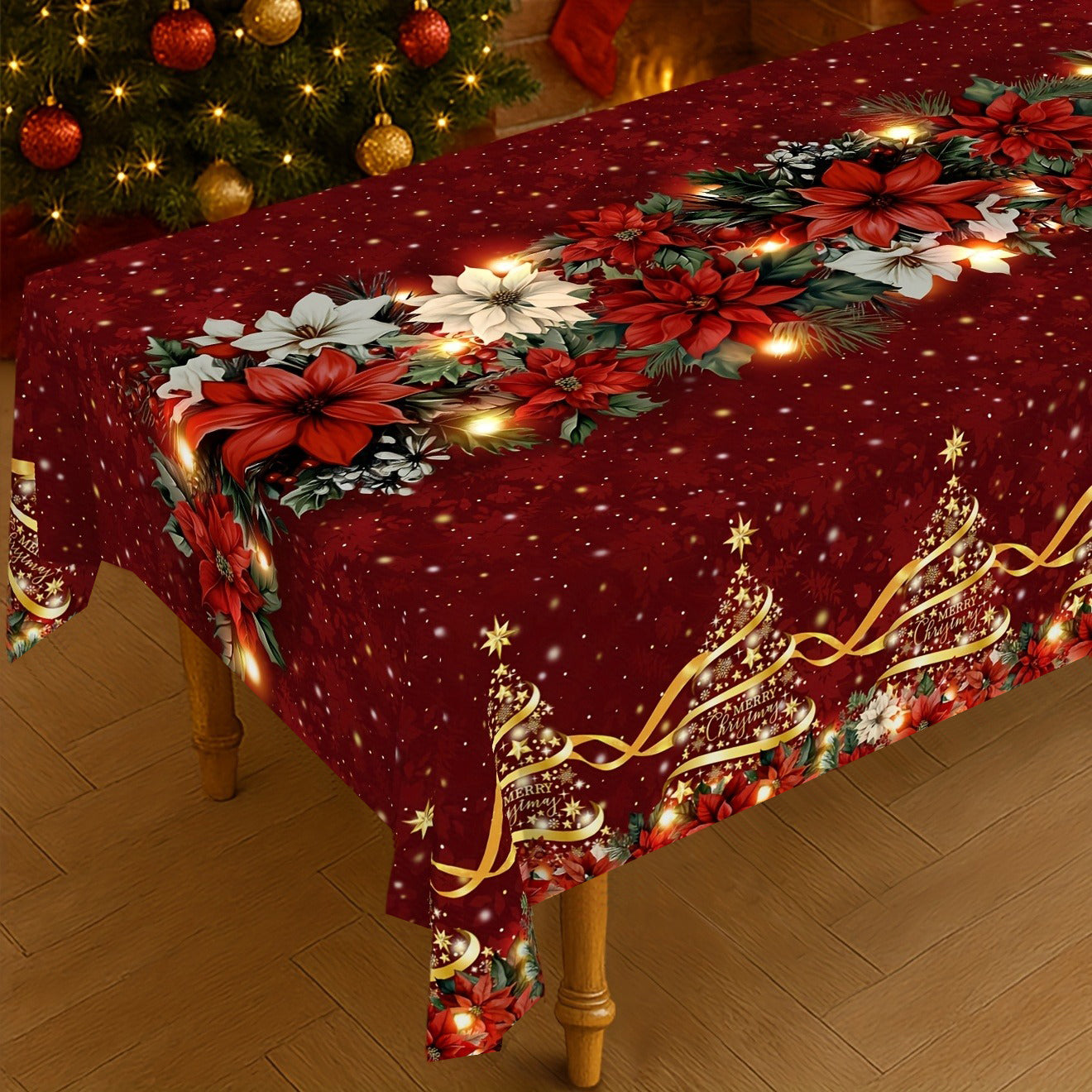 1pc Burgundy & Golden Christmas Tablecloth with Poinsettia, Holly, Pine Garland & Snowflake Patterns - Red/Green/Golden Rectangular Table Cover for Holiday Parties, Xmas Dinner, Thanksgiving, New Year's Decorations (Easy-Clea