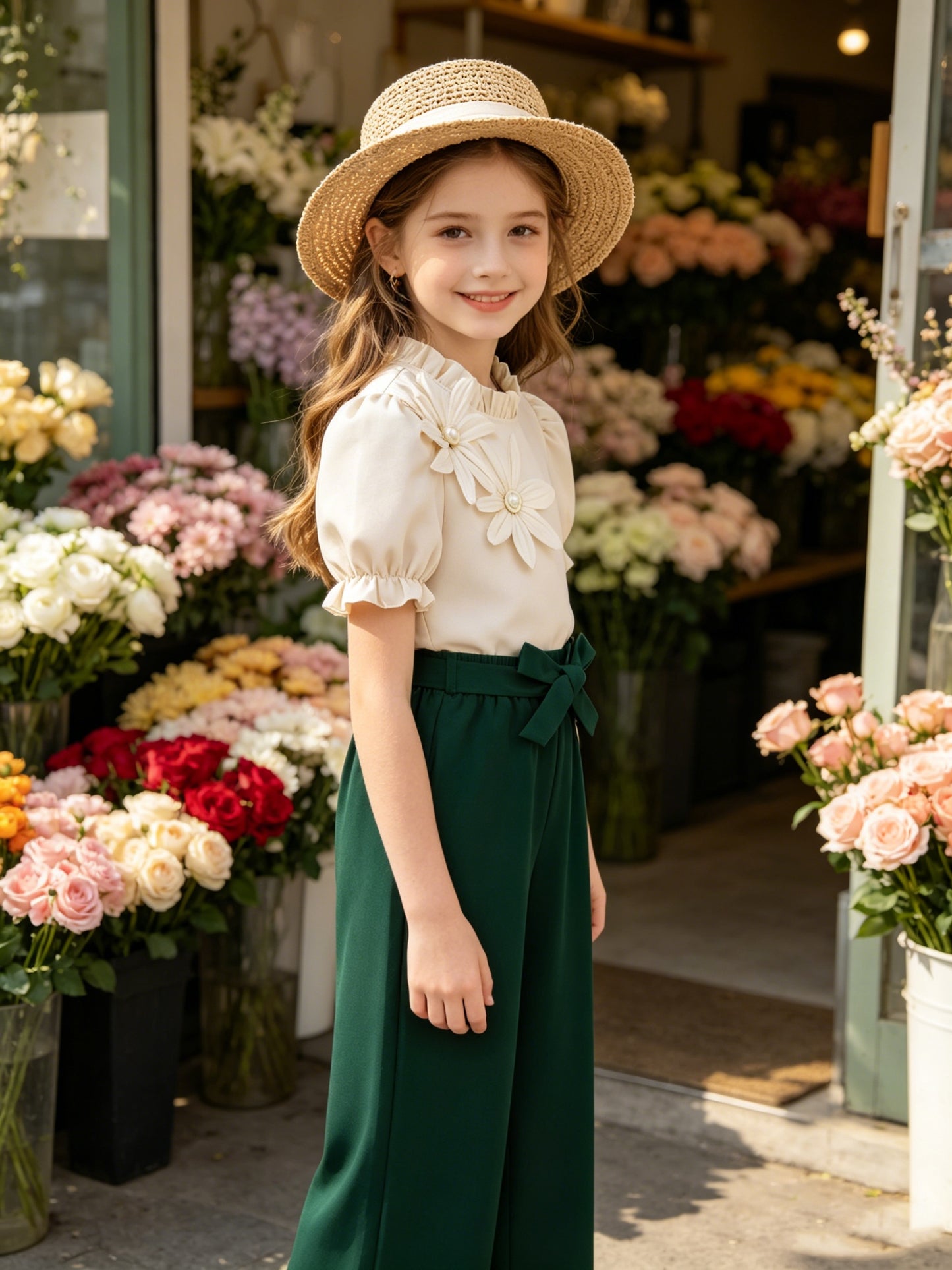 Girls' Casual 2-Piece Short Sleeve Top & Wide-Leg Pants Set
