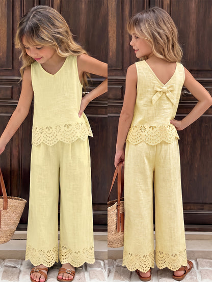 Girls' Sleeveless Lace Trim Tank Top and Wide-Leg Pants Set