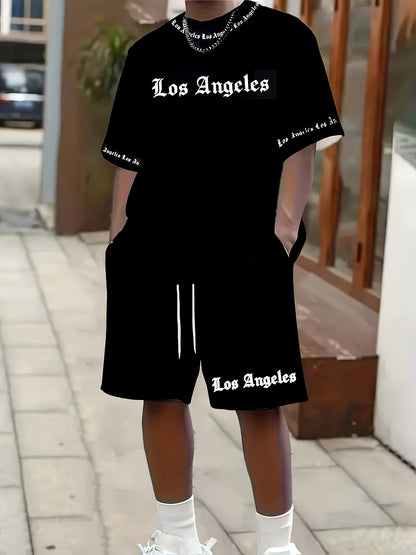 Los Angeles English Pattern Men's Short Sleeve Shirt + Casual Sport Set, Breathable Soft Summer Outfit with Pocketed Shirt and Drawstring Shorts